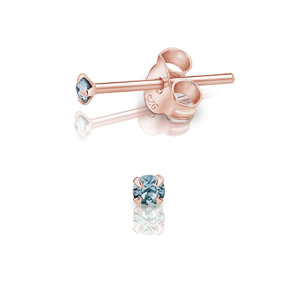 DTPSilver - 925 Sterling Silver Rose Gold plated Round TINY Stud Earrings made with Glittering Crystals from Swarovski® Elements - Diameter: 2 mm - Colour : Blue Aquamarine