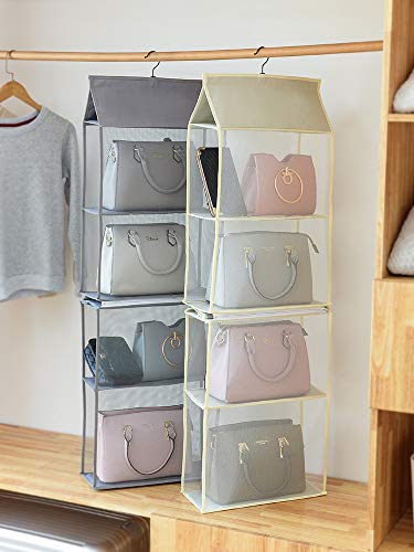 Aoolife Hanging Purse Handbag Organizer,Clear Hanging Shelf Bag Collection Storage Holder-Dust-Proof Closet Wardrobe Hatstand Space Saver,4 Shelf(Grey)