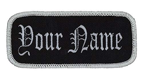 Name patch Uniform or work shirt personalized Identification tape Embroidered Iron On or Hook Fastener, Light Grey/Black Old English, Iron On
