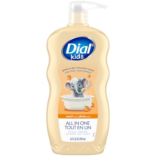 Dial Kids All-in-1 Body + Hair + Bubble Bath, Peach Scent, 32 Fl Oz, Hypoallergenic Body Wash & Shampoo, No Tears Formula for Kids 2+ Years, No Parabens & Silicones
