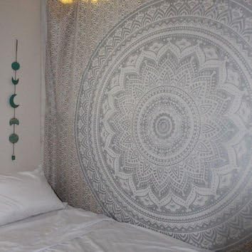 Silver Ombre Mandala Hippie Bohemian Bedspread With Metallic Shine tapestry Twin In US And Delivery In 5 Business Days (2 Days Expedited Delivery Also Available)