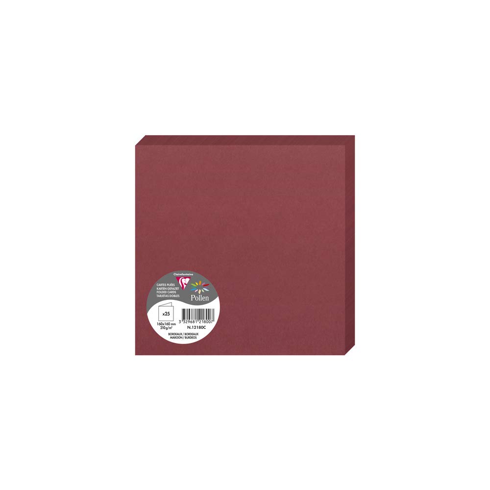 Clairefontaine 12180C Pack of 25 Double Cards Square Format 16x16cm 210gsm Burgundy colour Invitation Correspondence Cards Pollen range Smooth Premium Paper