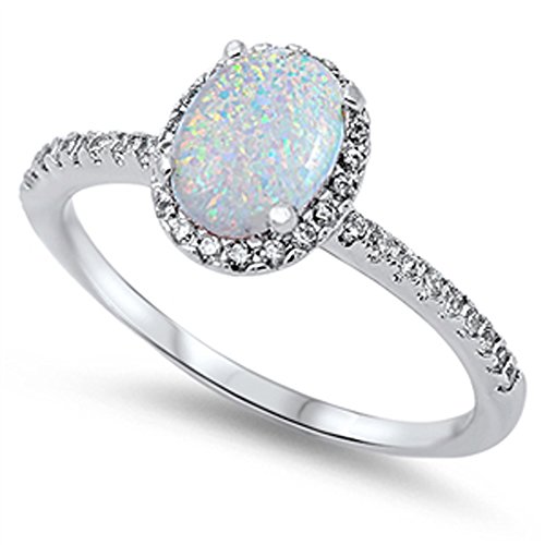 Oval Lab Created White Opal Halo Cz .925 Sterling Silver Ring Size 10