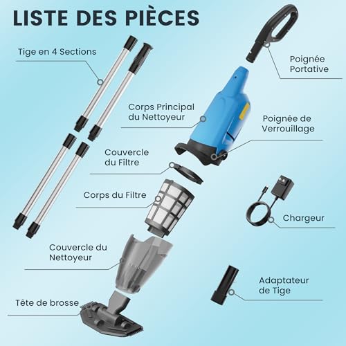 Cordless Pool Vacuum Cleaner, 60-90 Minute Runtime, 63 mm Telescopic Bar, Pool Cleaner with 4 Filters, Suction up to 4088 L/H, Ideal for Above Ground Pools