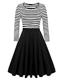 ACEVOG Women's Vintage Stripes Patchwok A-line Long Sleeve Cocktail Dress