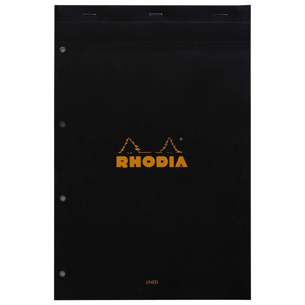RHODIA 206009C - Stapled Notepad N°20 Black - A4+ - Ruled - 80 Detachable Sheets 4-Hole Punched - 80G White Clairefontaine Paper - Soft and Resistant Coated Card Cover - Basics