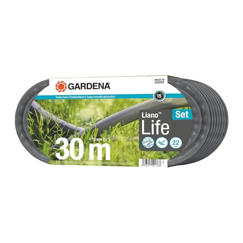 Gardena Liano Life Textilschlauch 1/2 Zoll, 30m Set: Hochflexibler Gartenschlauch aus Textilgewebe, mit PVC-Innenschlauch, kein Abknicken, leichtgewic
