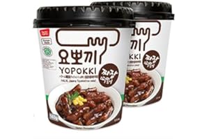 Yopokki Instant Halal Tteokbokki Cup (Jjajang, 2 Cups) Korean Street food with Jjajang flavored sauce Topokki Rice Cake - Quick & Easy to Prepare