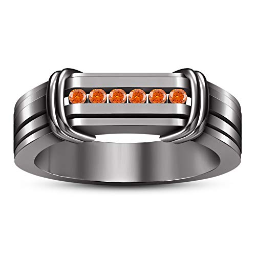 TVS-JEWELS Real 925 Sterling Silver Round Cut Orange Sapphire Men's Band Anniversary Ring Comfort Fit (12.25)