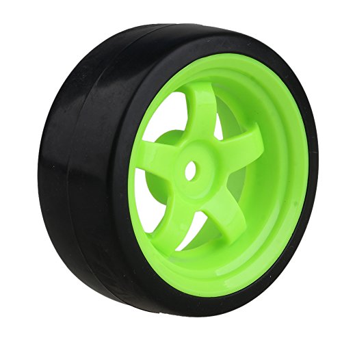 BQLZR 65 mm OD Black Plastic Smooth Tires with Green Wheel Rims for RC 1: 10 On Road Racing & Drift Car Pack of 4