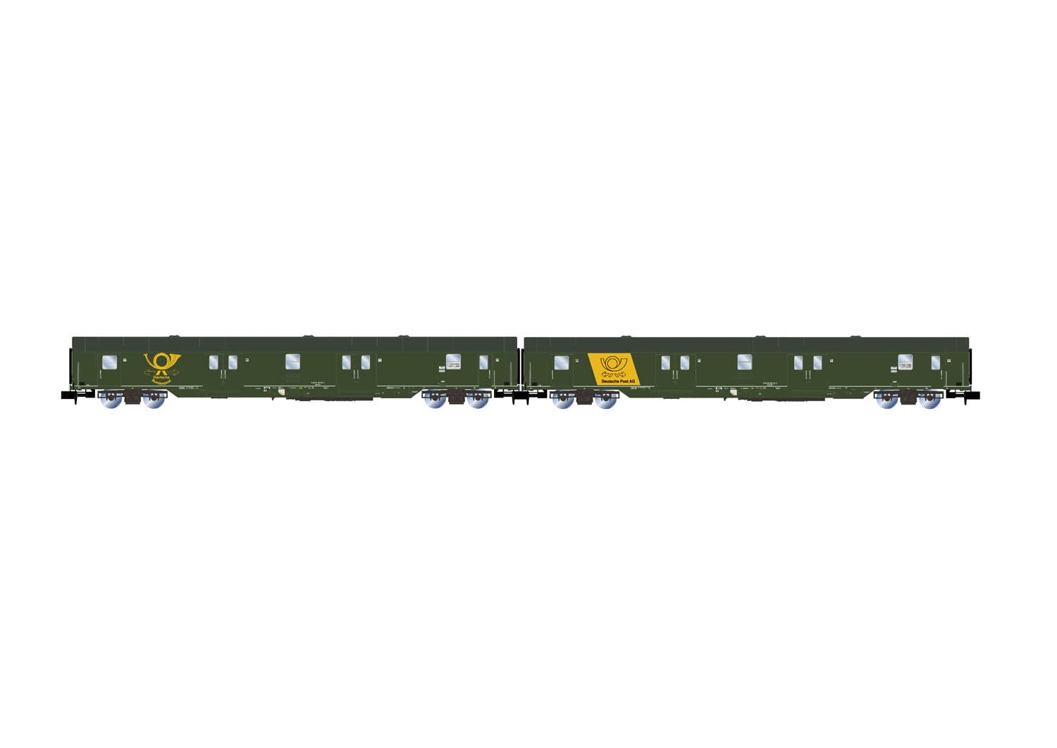 Arnold HN4425 DBP, 2-unit pack 4-axle postal vans Post-mrz, green livery with big logos, ep. IV-V 1:160 Scale N gauge