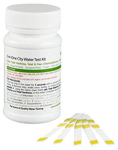 SimplexHealth City Water Test Kit (50 Test Strips) results in 40 seconds: Free Chlorine, Total Chlorine, pH, Total Alkalinity and Total Hardness