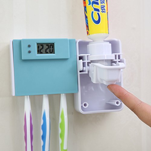 Toothbrush Holder Wekity Toothpaste Automatic Dispenser Anti-dust Cover Toothbrush Holder Squeezer Kit with Electric Watch, 3 Holders Wall Mounted Bathroom Accessories Storage Set (Blue)