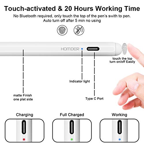 Stylus Pen for iPad,Homder 2nd Gen Active Stylus Compatible with Apple iPad (7th Gen) iPad Pro (11/12.9 Inch) iPad (6th Gen) Air (3rd Gen) Mini (5th Gen),High Precise Rechargeable Digital Pencil