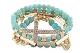 Turquoise with Goldtone 4 Piece Bundle of Iced Out Cross, Link, & Bar Chain Beaded Stretch Bracelet (S-1923)