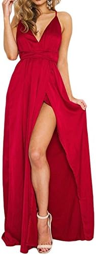 LILY ROSIE GIRL Women's Sexy Sleeveless Deep V Neck Party Maxi Dress,Red,Small