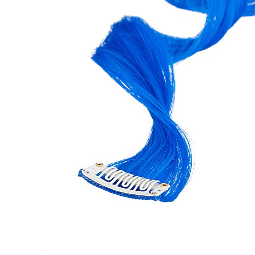 SWACC 12 Pcs Curly One Color Party Highlights Clip on in Hair Extensions Colored Hair Streak Synthetic Hairpieces (Blue)