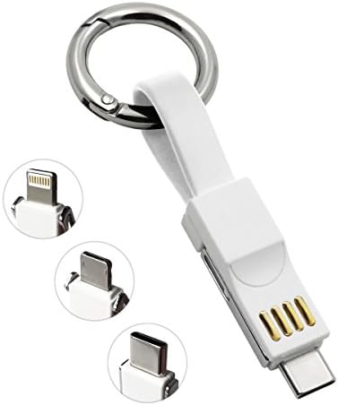 USB Cable 3 in 1 Keychain Lightning / Micro / Type C, Xpadsp Portable Magnetic Charging Sync Cord, Short and Pocket Size Charger for Apple, Samsung, Android Device (White)