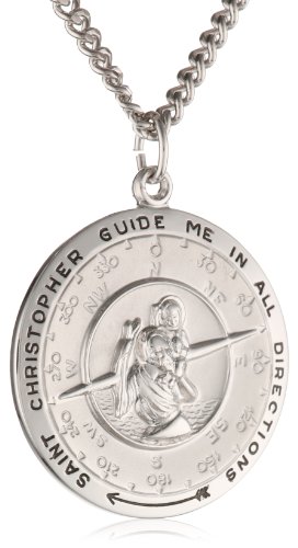 Men's Sterling Silver Round Saint Christopher Pendant Necklace with Compass Design and Stainless Steel Chain, 24 inch