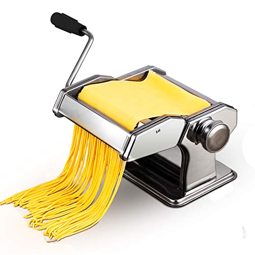 Stainless Steel Manual Pasta Maker | Pasta Machine With Adjustable Thickness Settings | Perfect for Professional Homemade Spaghetti and Fettuccini | Includes Removable Handle and Clamp