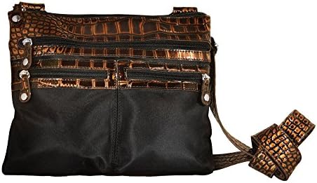 Sanis Enterprises Black Messenger Bag Emilie Micro Fiber Croco Trim Black/Brown Trim, 8 1/2" H x 11" L x 1" W