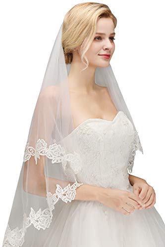 Women's Short 2 Tier Tulle Sheer Lace Wedding Bridal Veil with Comb(Ivory)