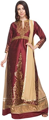 Kashish Maroon Chanderi Womens Embellished Skirt Kurta Dupatta Set Size: XL