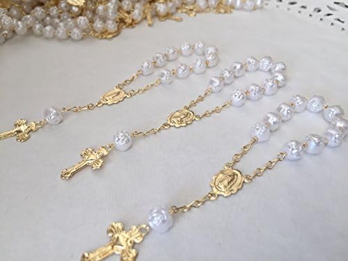 25 Pc White Color Baptism Favors Gold Plated Mini Rosaries Acrylic Beads/Recuerditos De Bautismo/Christening Favors/Decenarios/Decades/Finger Rosaries