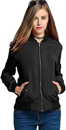 AiSiC Women Autumn Spring Zip Up Solid Bomber Jacket with Pockets