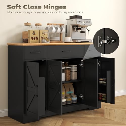 HOMCOM Farmhouse Sideboard Buffet Cabinet with Soft-Close Hinges, 47" Coffee Bar Cabinet with 3 Drawers and 3 Adjustable Shelves, Kitchen Pantry with Spice Racks, Black Wood Grain