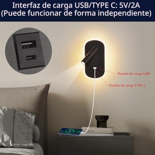 LED Reading Lamp with Switch, USB Charging Port + Type C Reading Light, 3W 3000K+9W 6000K Rotatable Wall Light for Reading, Indoor Inblack Wall Lighting, Night Lamp Bedroom Hotel