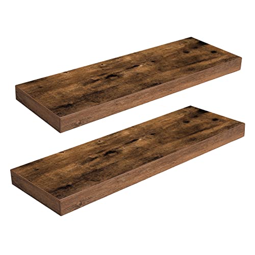 HOOBRO Floating Shelves for Wall, Wooden Floating Shelves Set of 2, Wall Mounted Shelf for Living Room, Bathroom, Bedroom, Floating Shelf with Invisible Bracket, Rustic Brown EBF60BJ01