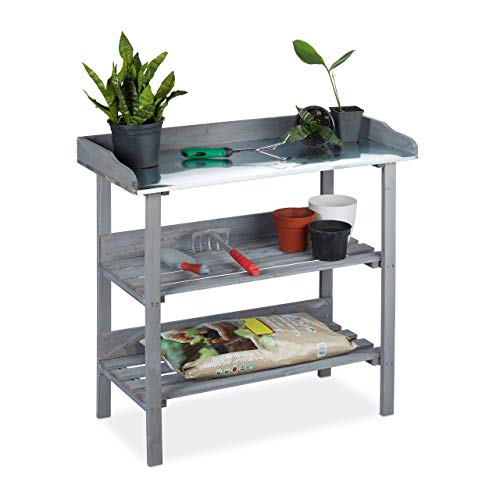 Relaxdays Tavolo da Giardinaggio, 86 x 92 x 42 cm, Banco da Lavoro da Esterno in Legno, per Balcone e Terrazza, Grigio