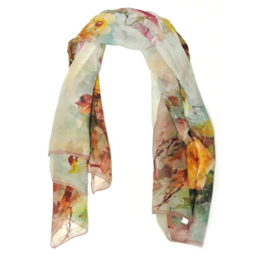 Wrapables 100% Mulberry Silk Floral Painting Square Scarf, Yellow Roses on Pink