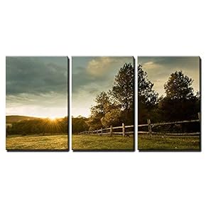 3 Piece Canvas Wall Art - Beautiful Sunrise on The Farm - Modern Home Art Stretched and Framed Ready to Hang - 16"x24"x3 Panels