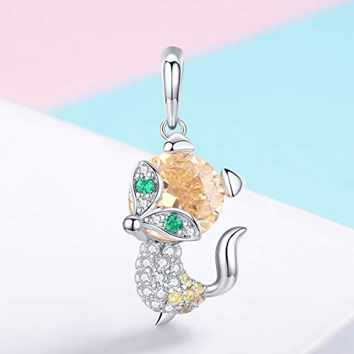 BAMOER Sterling Silver Charm Lucky Fox Crystal Animal Charms Pendant Fits Original Bangle Bracelet