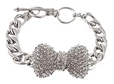 2 Pieces of Silvertone with Clear Iced Out Large 3D Bow 9 Inch Cuban Chain Link 12mm Adjustable Bracelet