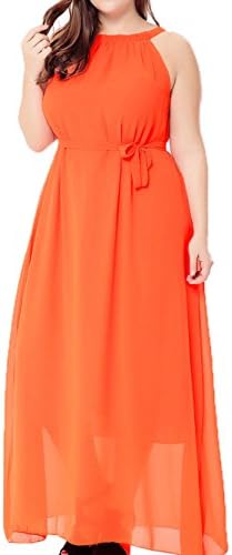 TLIH Women's Chiffon Plus Size Summer Beach Sleeveless High Waist Long Maxi Dress with Belt