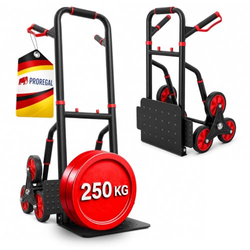 PROREGAL Klappbarer Profi-Treppensteiger Taurus 250 | HxBxT 115x52x63cm | Traglast 250kg | Stahlrahmen, ergonomische Griffe, TPR-Gummiräder | Rot-Schw