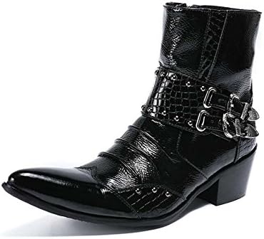 Winklepicker High Top Leather Boots Martin Boots Men Pointed Toe Rivets Belt Buckle Zipper Genuine Leather Business Casual Shoes Dress Shoes Knight Shoes Eu Size 37-46 ( Color : Black , Size : 40 )