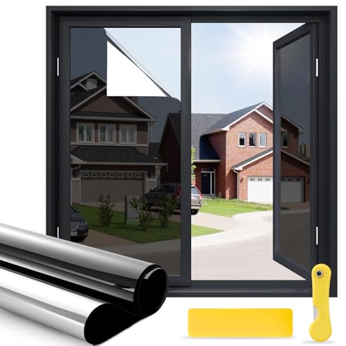 Película de Ventana,Vinil para Ventana Bloquea Calor Anti-UV Protector, Película Aluminio Vidrio Adhesiva Privacidad Espejo Unidireccional para Sala Cocina Oficina Hogar (Negro y Plata, 90X500 CM)