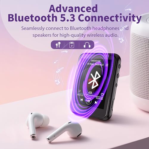 QNGEE 64GB MP3 Player with Bluetooth 5.3, 2.4" Touch Screen, FM Radio, Voice Recording, Hi-Fi Sound, E-Book Function, Memory Expansion up to 512GB + Grey Case
