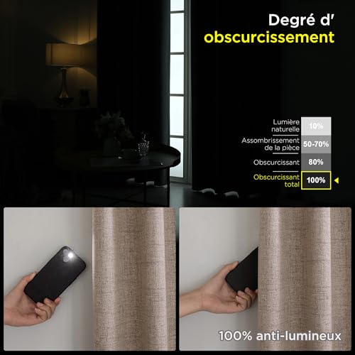 CUCRAF 100% Thermal Blackout Curtain, 2 Pieces, L140 x H245, Thermal Linen Curtain, Anti-Cold and Heat Insulation, Opaque Curtain with Eyelets, Light Insulation, Anti-UV, Linen