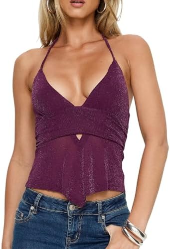 Women Y2k Mesh Halter Tank Top Floral Embroidered See Through Cami