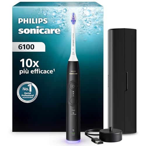 Philips Sonicare 6100, spazzolino elettrico sonico con 2 modalità di spazzolamento e 3 livelli di intensità, avviso di pressione, EasyStart, SmarTimer, nero, modello HX7401/07 [Nuova tecnologia]