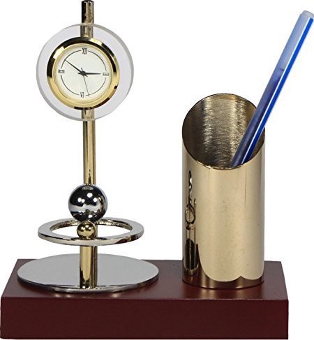 Deals Outlet Office Clock Showpiece With Stylish Pen Holder,Crystal, Brass & Stainless Steel,Gold Plated With Silver Plated Metal Stand & Pen Holder