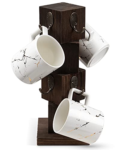 PUERSI Coffee Mug Holder for Counter, Rustic Solid Wood Mug Tree, Farmhouse Wooden Coffee Cup Rack with 8 Hooks (Rustic Brown)