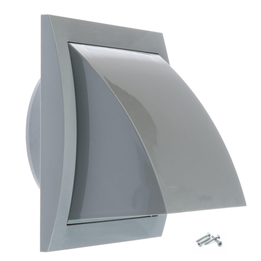 Steinberg14 Grey 100mm / 4'' Plastic Cowled Hooded Air Ventilation Wall Grille with Round Spigot and Wind Baffle Backdraught Shutter