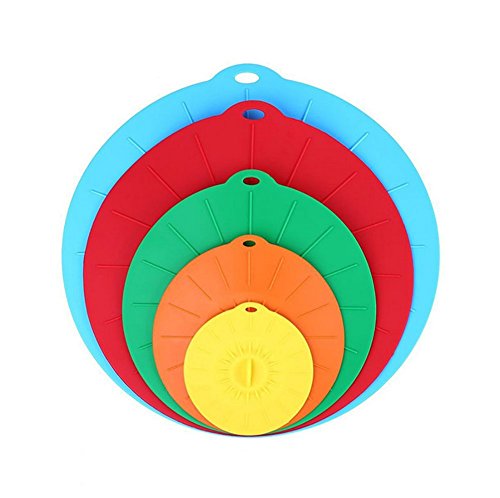 HuiSiFang Silicone Suction Lids Set of 5 and Food Cover Combo for Bowls, Pots, Pans and Skillets. Microwave and Food Covers
