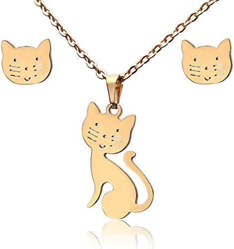 fuyo Gold Color Stainless Steel Cat Jewelry Set,Cat Necklace Earrings For Women Girl Party (Cute Cat)
